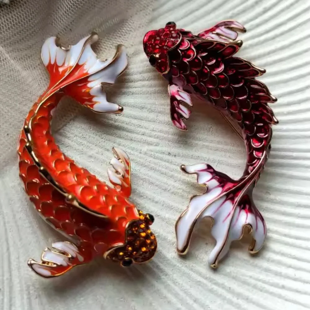 Koi Fish Maroon Red &Orange Gold Enamel Brooch Set– Symbol of Luck & Prosperity